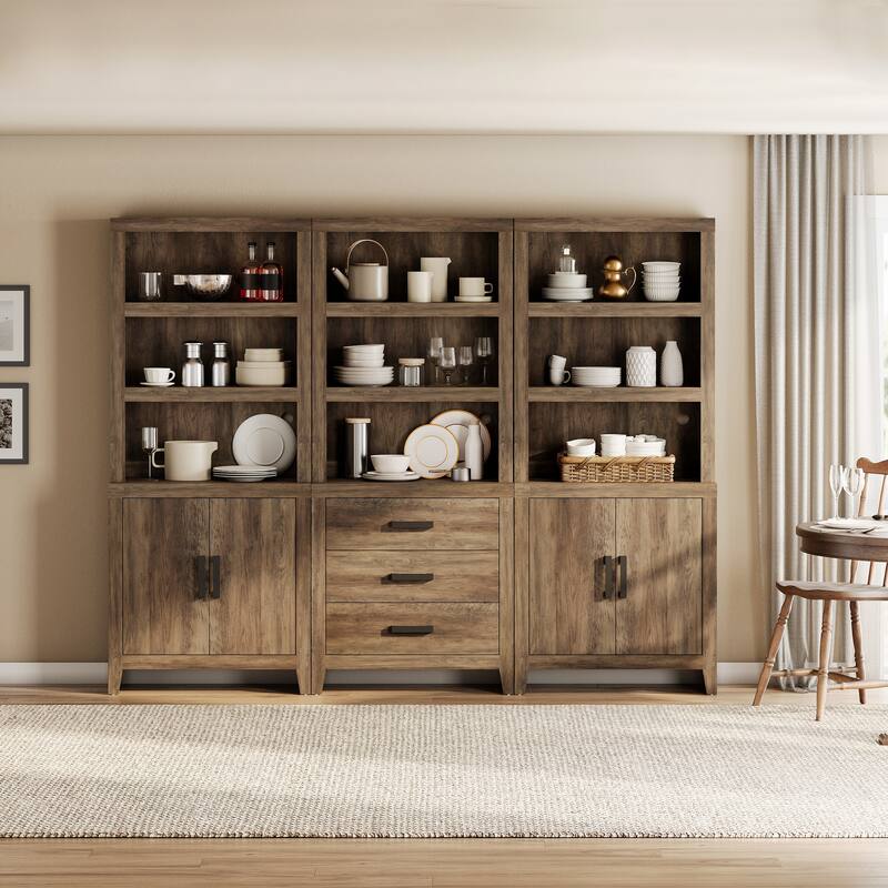 WAMPAT 74" 3-Piece Tall Bookshelf, Farmhouse Bookcase with Doors & Drawers for Living Room & Office