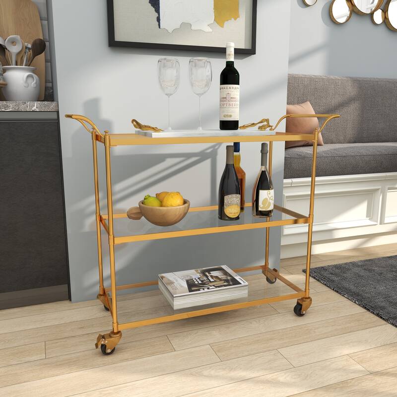 Brass Metal Rolling 3 Glass Shelves Bar Cart with Lockable Wheels