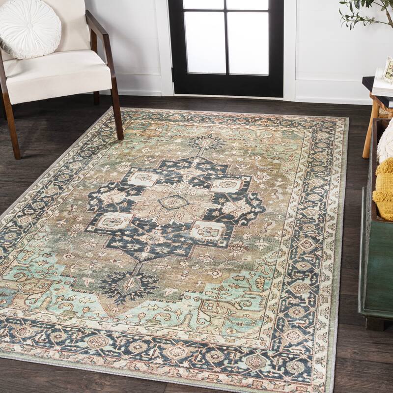 JONATHAN Y Marrakesh Ornate Medallion Machine Washable Area Rug - 4 X 6 - Light Green/Tan/Blue
