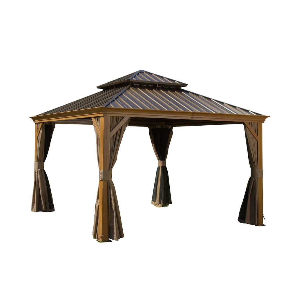 12'x12' Wood-Looking Hardtop Gazebo with Double Roof, Curtains, and Netting for Outdoor Use