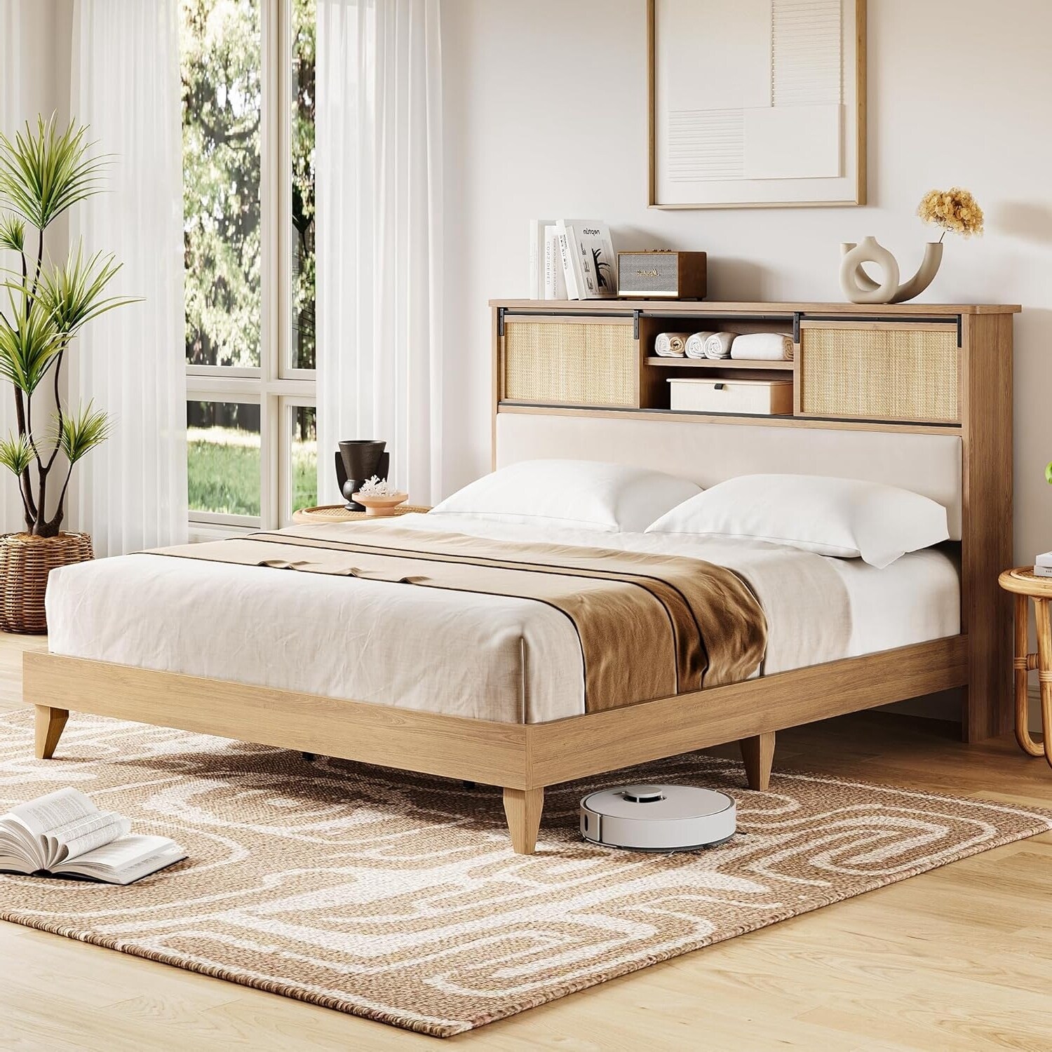 ベッドフレーム Single  bed plus  mattress and storage Bed Frame with Headboard & Storage Shelves, No Box Spring