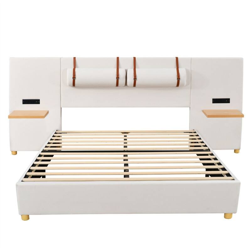 Full/Queen Size Upholstered Platform Bed with 2 Outlets and USB Charging Ports, Velvet Bed Frame with Bedside Pillows & Shelves