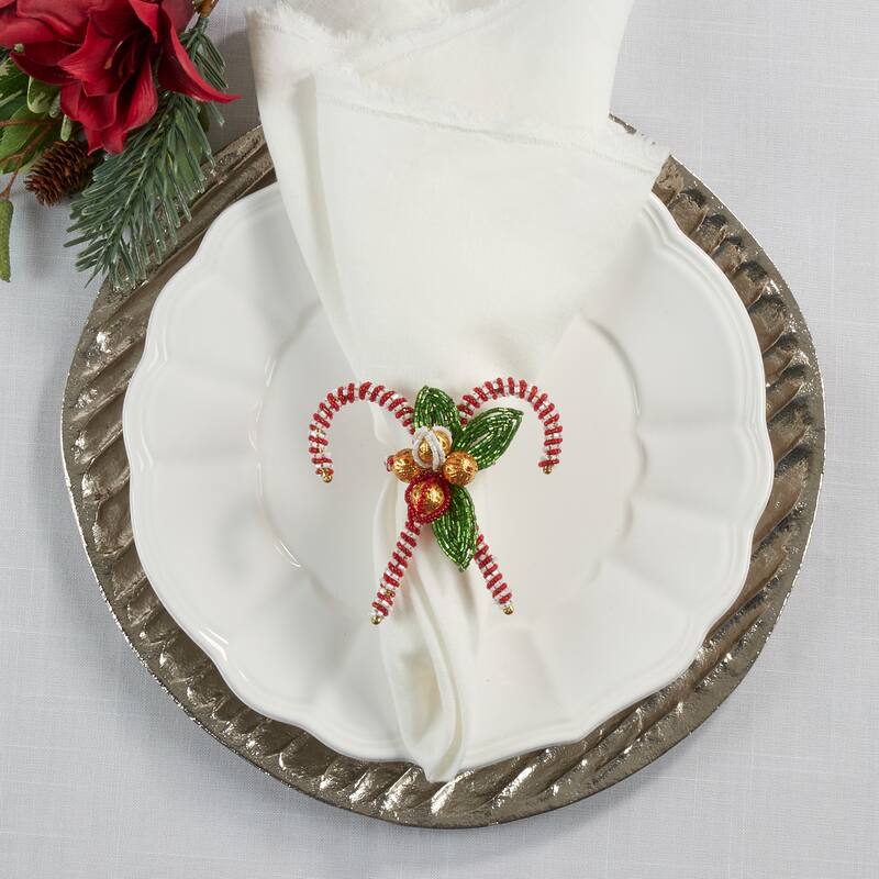 Christmas Napkin Rings With Candy Cane Design (Set of 4) - Red/White