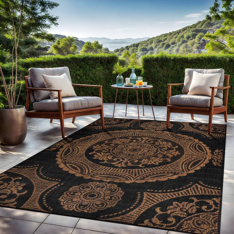 Beverly Rug Blue Medallion Indoor Outdoor Rug, Outside Carpet for Patio, Deck, Porch