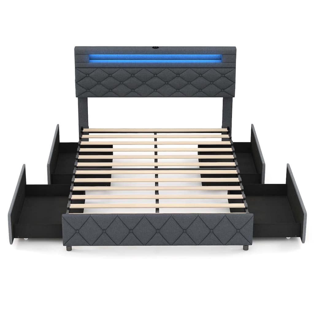 Costway Full/Queen Size Bed Frame with Led Lights & Charging Station &