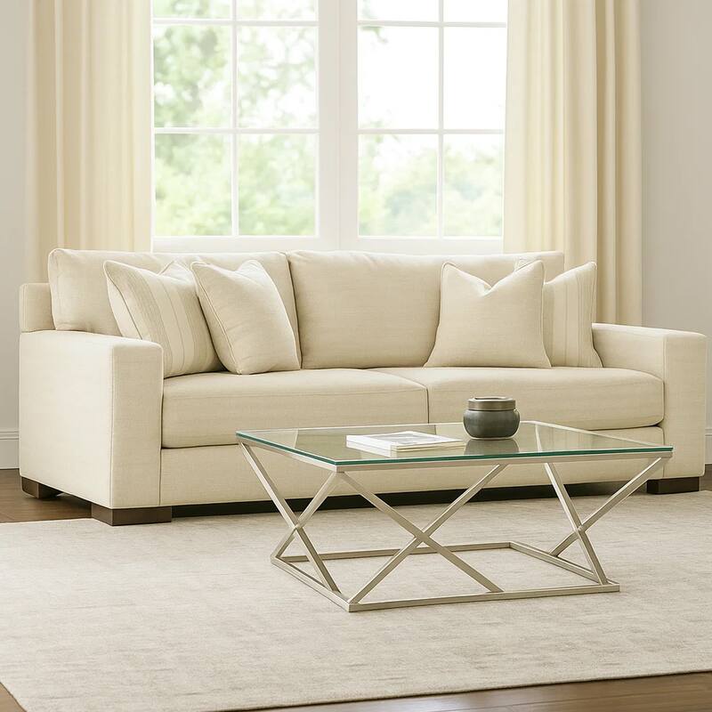 Magg 96 Inch Sofa, 4 Accent Pillows, Oversized Cushion, Beige Polyester