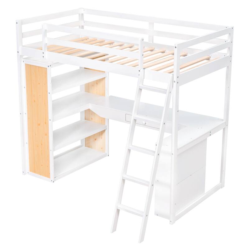 White Loft Bed with Desk, Shelves, Drawer, and Ladder, Full-Length Guardrail