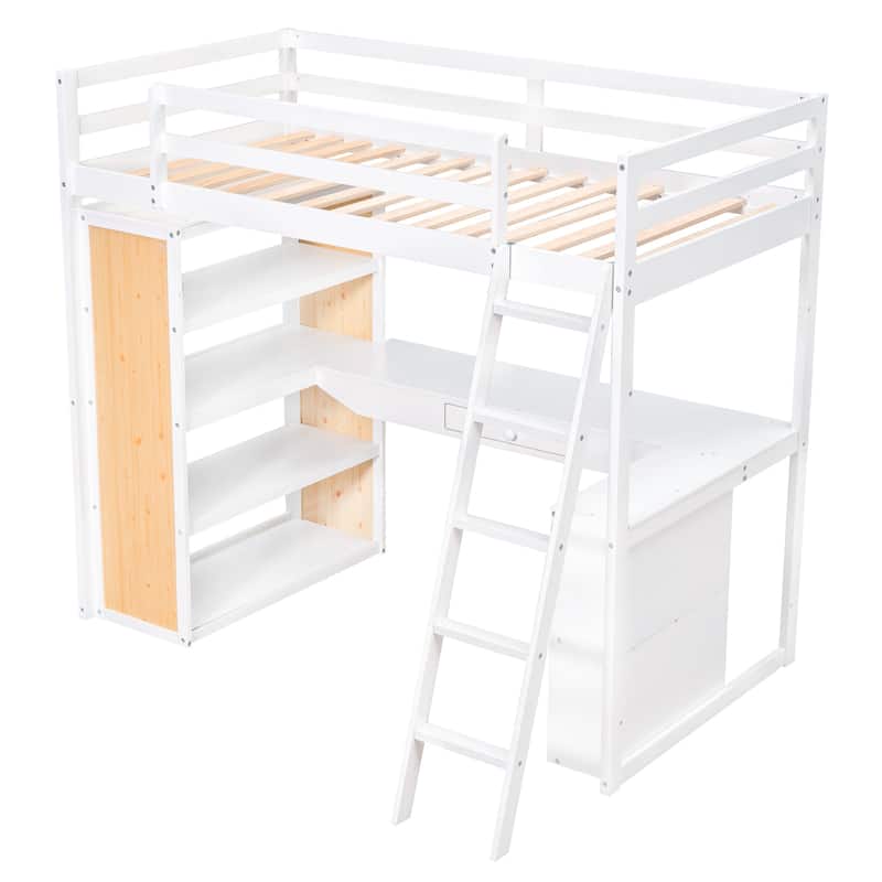 Wood Twin/Full Size Loft Bed with Built-in Desk and Shelves, Twin/Full Bedframe w/Full-Length Guardrails, for Kids Teens Adult