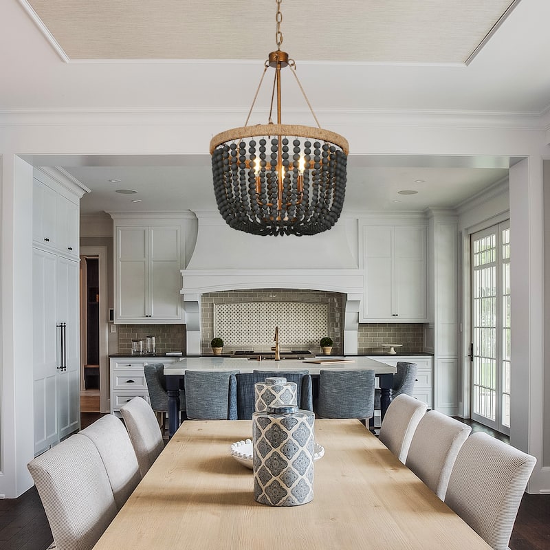 Farmhouse Coastal Wood Beaded Drum Chandelier 3-light Black Dining Room Bedroom Lighting with Hemp Rope - D16'' * H23''