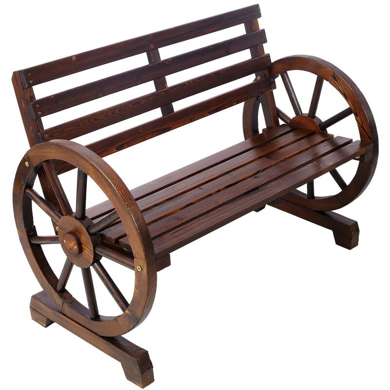 2-Person Wooden Wagon Wheel Bench For Backyard, Patio, Porch