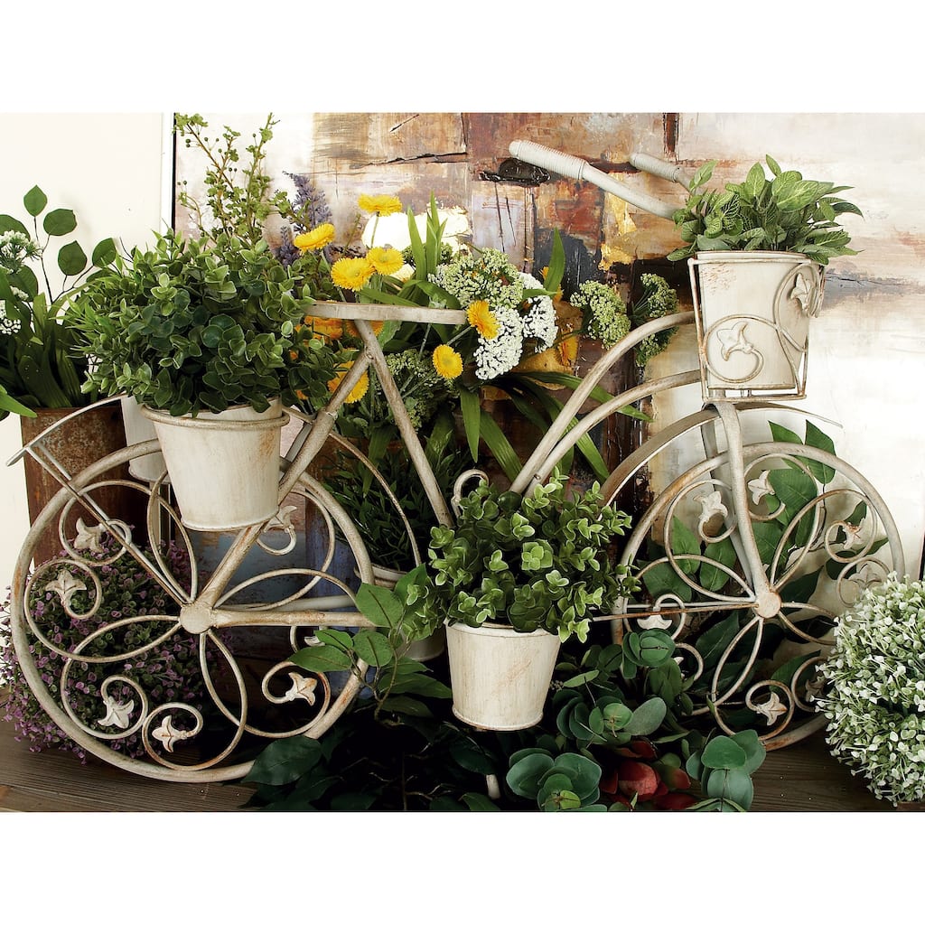 Gray Metal Distressed Indoor Outdoor Scroll 3 Tier Bike Indoor Outdoor Plantstand with Fleur De Lis Wheels