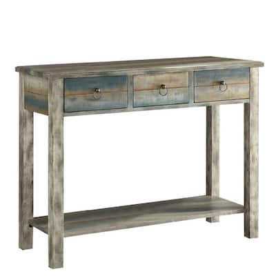 Modern Console Table with 3 Drawers and Shelf Rustic Blue and White Wooden Design for Living Room or Entryway