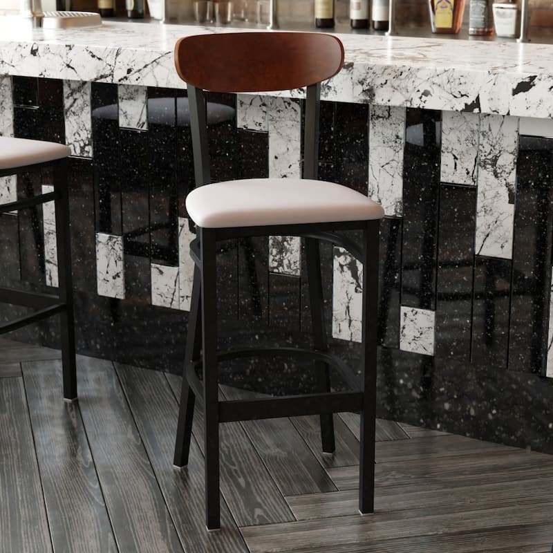 Commercial Metal Barstool with Wood Seat and Boomerang Back