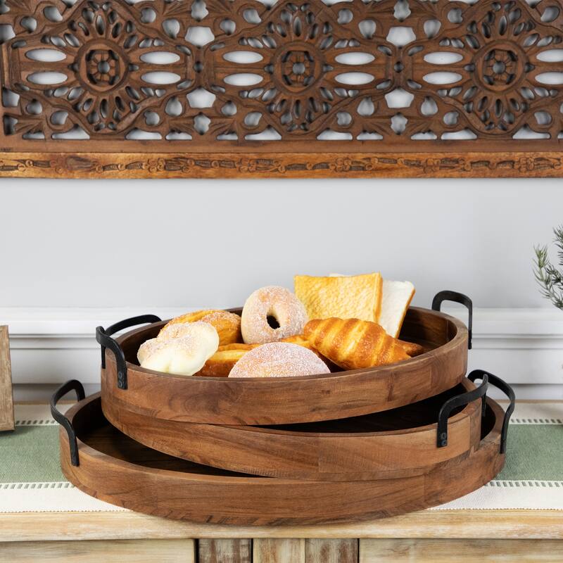 Acacia Wood Trays with Metal Handles - Set of 3 - 21.75"