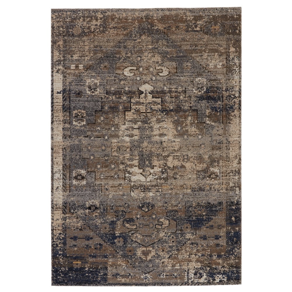Cassava Indoor/ Outdoor Medallion Taupe/ Dark Blue Area Rug