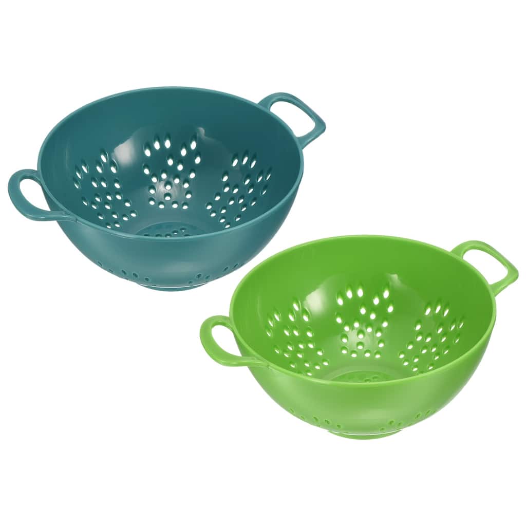Kitchen Colander with Handle 2Pcs, Rice Washing Strainer Fruit Drainer - Army Green+Green - 19cm x 14.8cm x 7.5cm