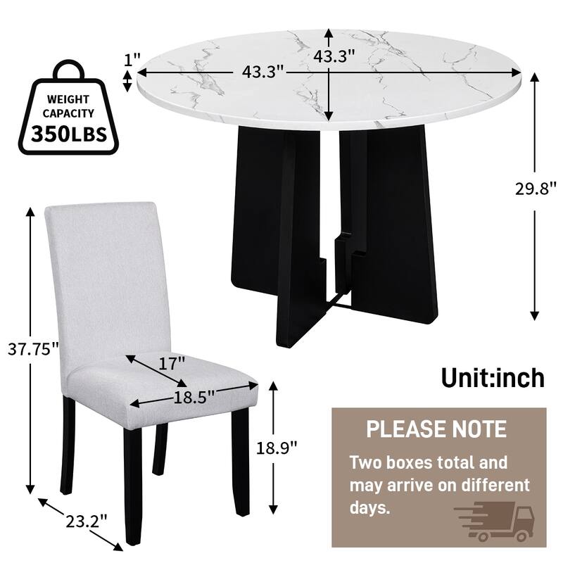 Modern 5-Piece Round Dining Set, 43-Inch Dining Table & 4 Upholstered Chairs, Farmhouse, Mid-Century Style for Dining Room