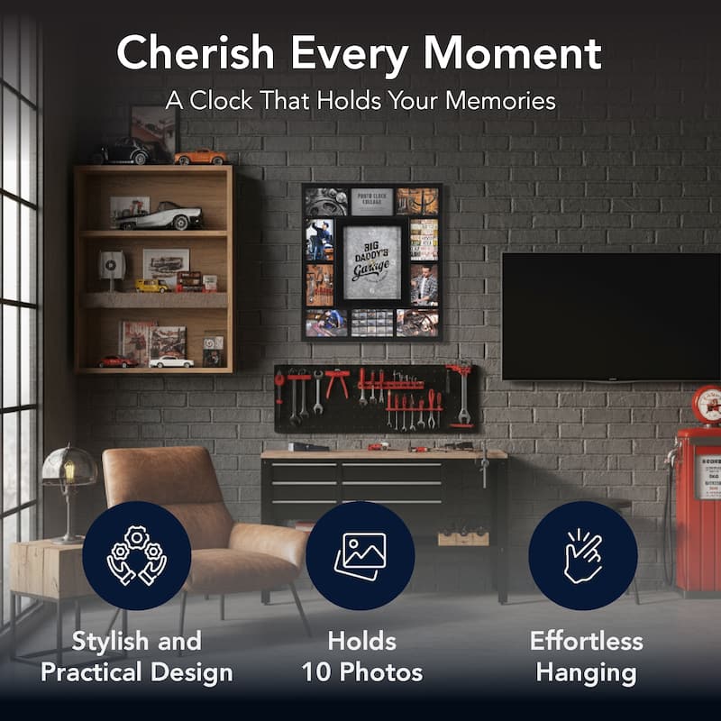 American Art Decor Picture Frame Collage Wall Clock 12 Photo Display Slots