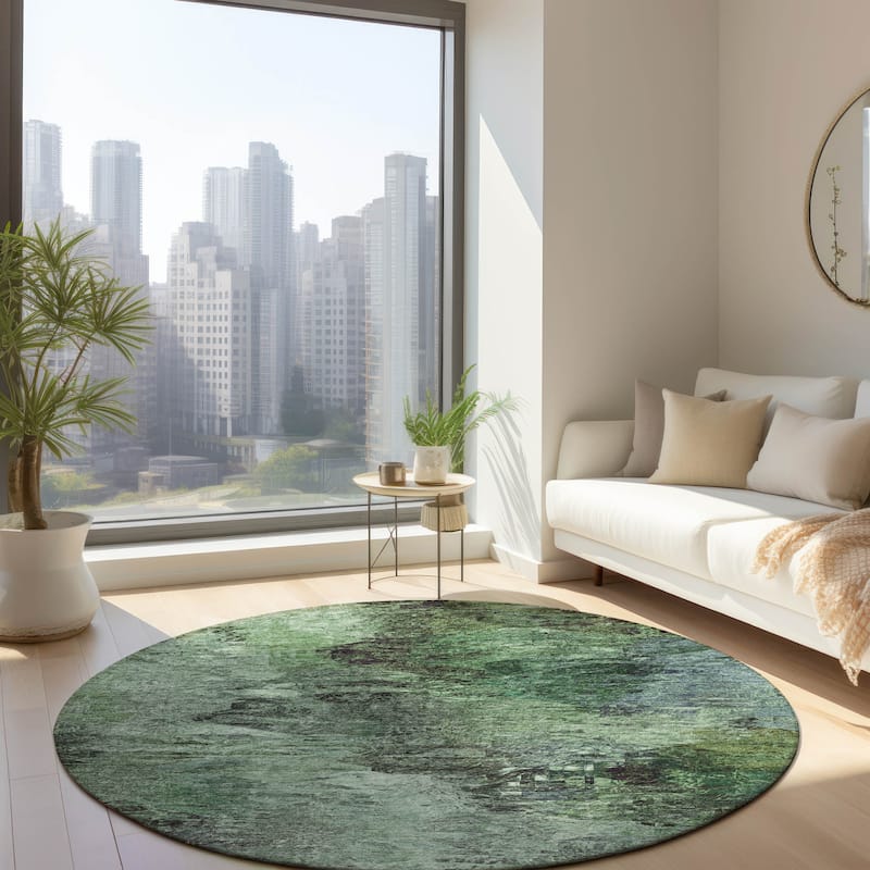 Machine Washable Indoor/ Outdoor Chantille Abstract Watercolor Rug - Green - 8' x 8'