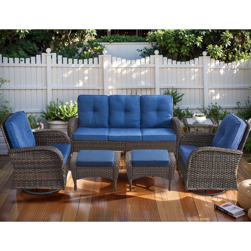 6 Piece Outdoor Sofa Swivel Chair with Ottomans - Brown - Blue - Brown