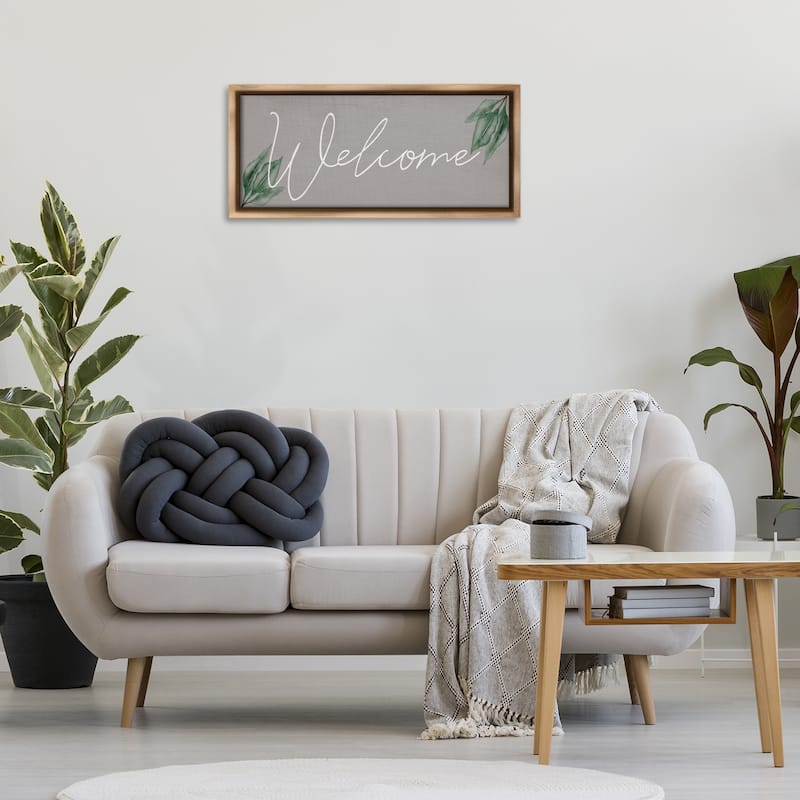 Stupell Welcome on Grey with Herbs Framed Floater Canvas Wall Art Design By Lil' Rue