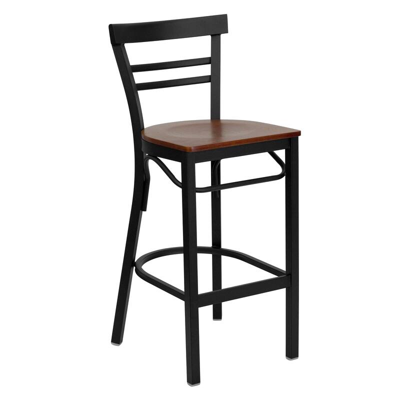 Two-Slat Ladder Back Metal Restaurant Barstool - 17"W x 19"D x 41.75"H - 17"W x 19"D x 41.75"H - Cherry Wood Seat/ Black Metal Frame
