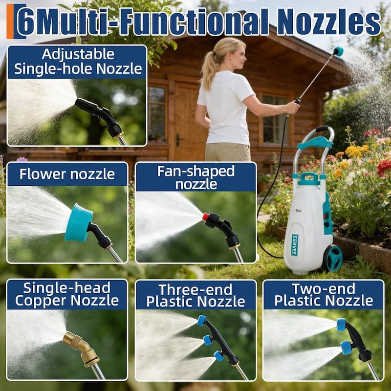 5.3 Gallons Battery Powered Backpack Sprayer with Wheeled Cart, 6 Nozzles & 2 Wands - N/A