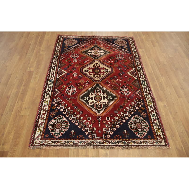 Hand Knotted Oriental 100% Wool Carpet Traditional Tribal Red Shiraz Area Rug - 6' 0'' X 4' 1''
