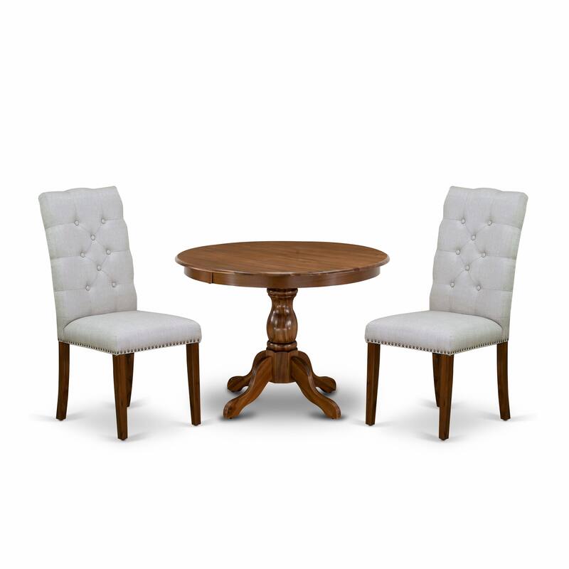 East West Furniture 3 Piece Dining Table Set Contains a Round Dining Table and 2 Linen Fabric Parson Chairs, (Finish Options)