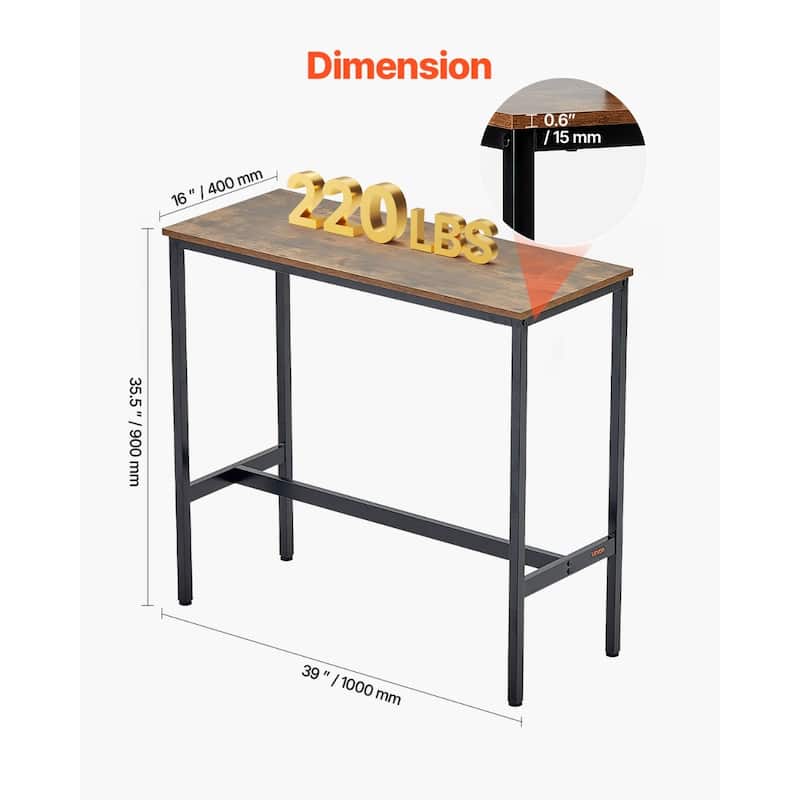 Rustic Brown High Pub Bar Table with Footrest for and Metal Black Frame Home Kitchen Restaurant - 39"L x 16"W x 35.5"H