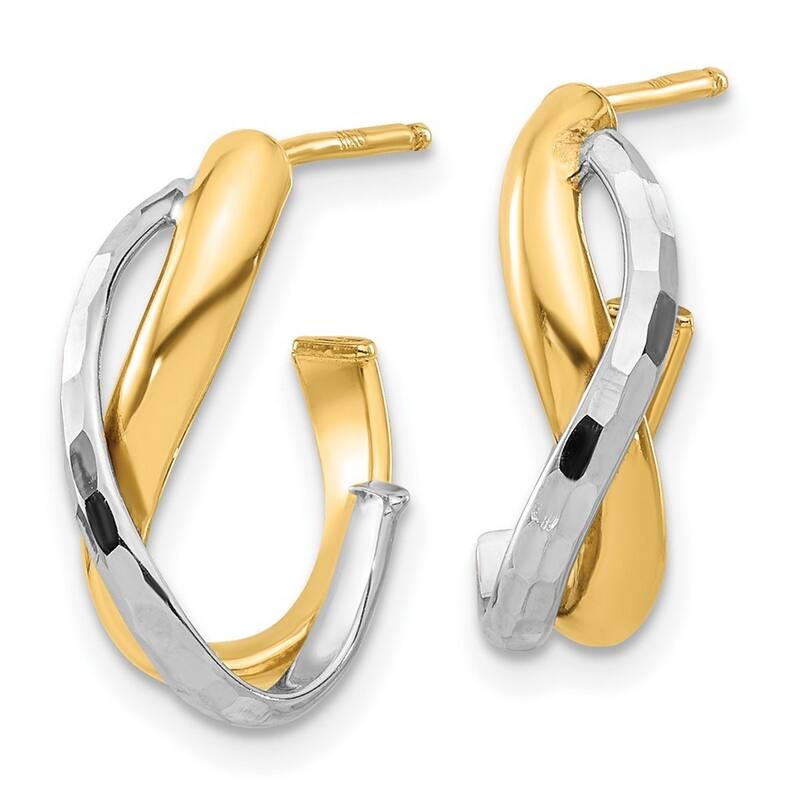 Curata 14k Two Tone Gold Polished and Sparkle Cut J hoop Post Earrings - 16.67x12.39mm