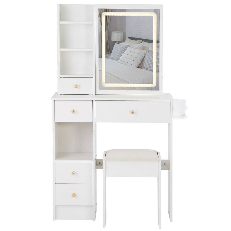 29.2"Small Size Left Drawer Desktop Vanity Table+Cushioned Stool,Hair dryer bracket,Extra Large Touch Control Sliding LED Mirror