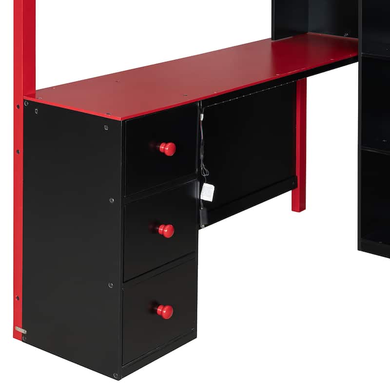 Full Size Wood Loft Bed with Desk, Storage & Light