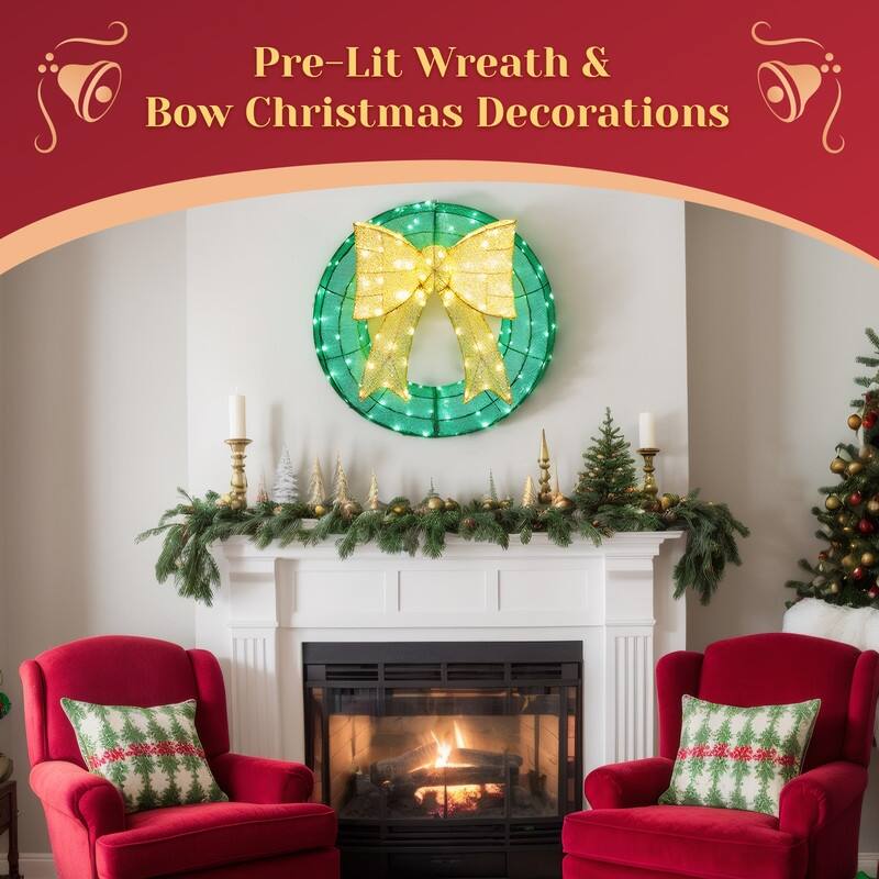 24in Pre-lit Christmas Wreath Decoration, Lighted Metal Wreath,Green and Warm White LED Lights, for Indoor Outdoor Holiday Party - Green and Golden - 24in