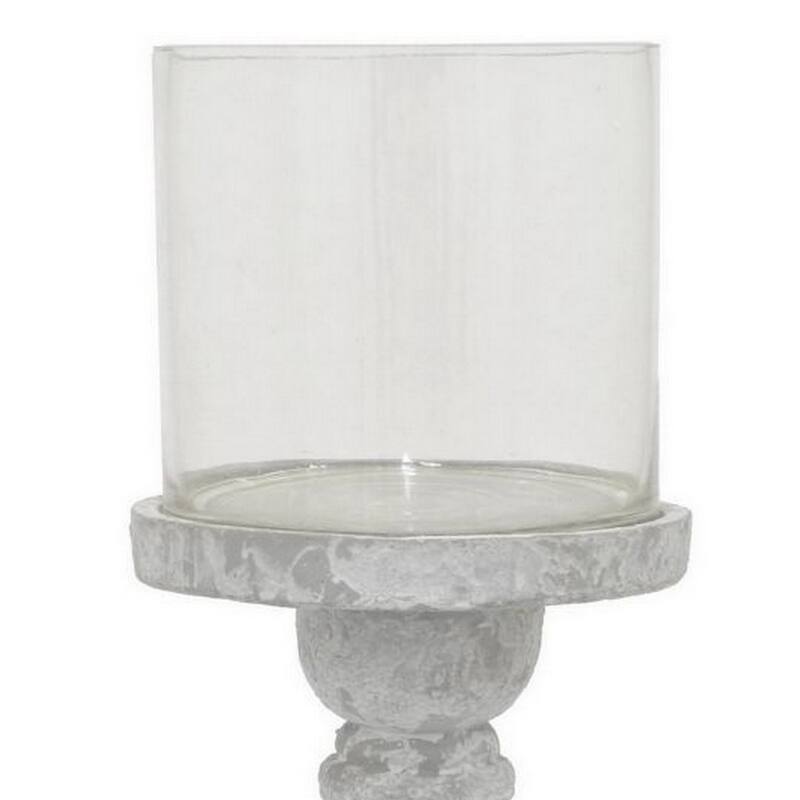 Kris Candle Holder with Hurricane Glass Top, White Gray Ceramic 7 Inch - White, Gray, Clear