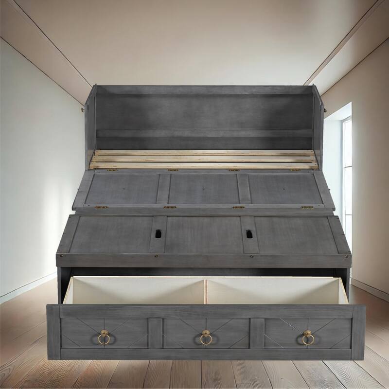 Space-Saving Full/Queen Murphy Bed with USB Charging Port, Storage Drawer, and Pine Wood Frame - Grey - Full