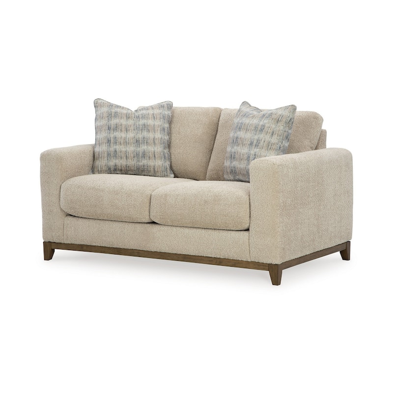 Klyn 67 Inch Loveseat with 2 Accent Pillows, Beige Polyester Upholstery