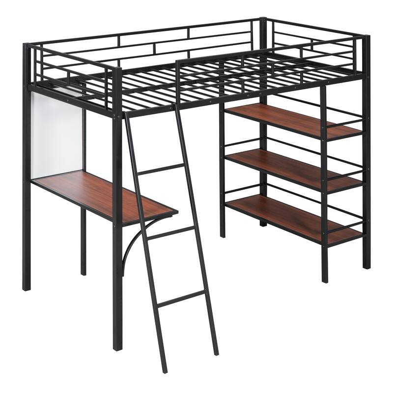 Twin Size Metal Loft Bed with 3-Tier Shelves, Desk, and Whiteboard, Black/White Finish