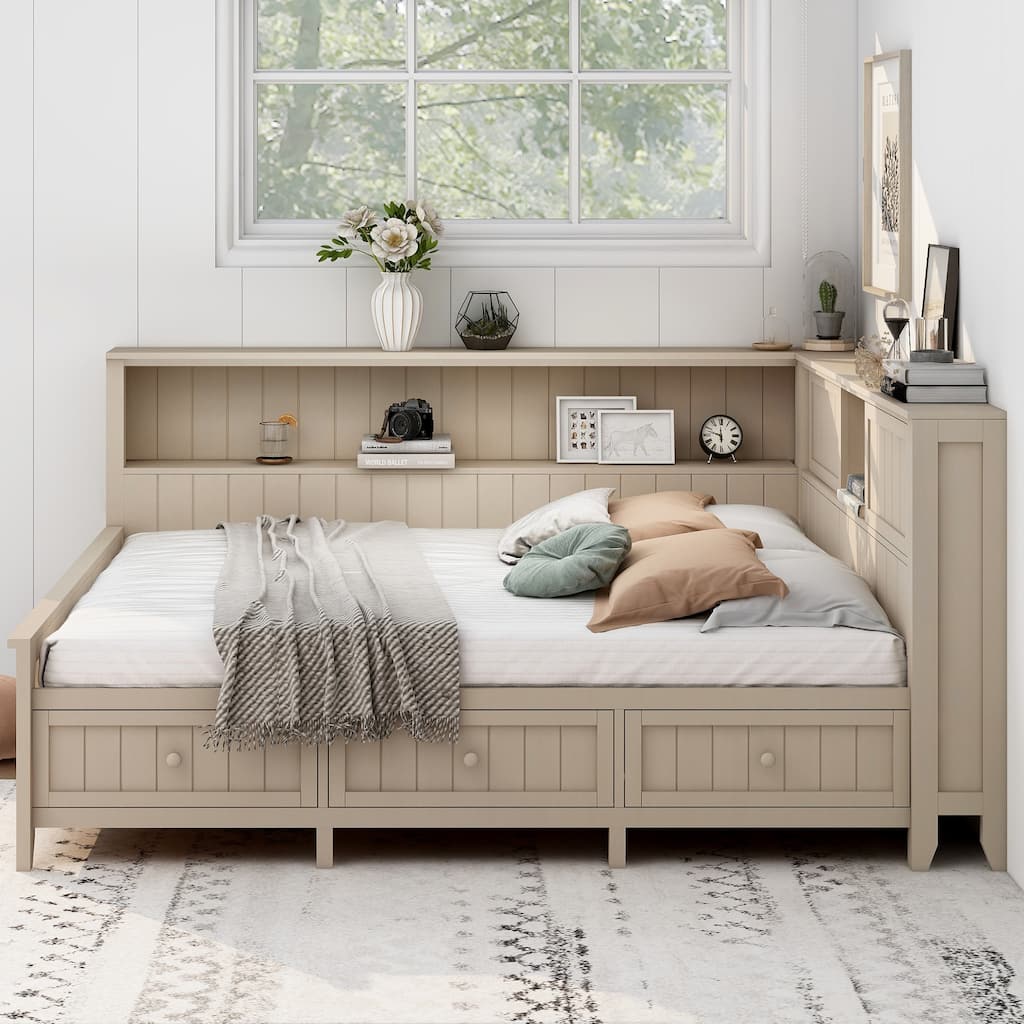 Full Size Wood Daybed with 3 Drawers and Storage Shelves Antique White Milk Farmhouse Style