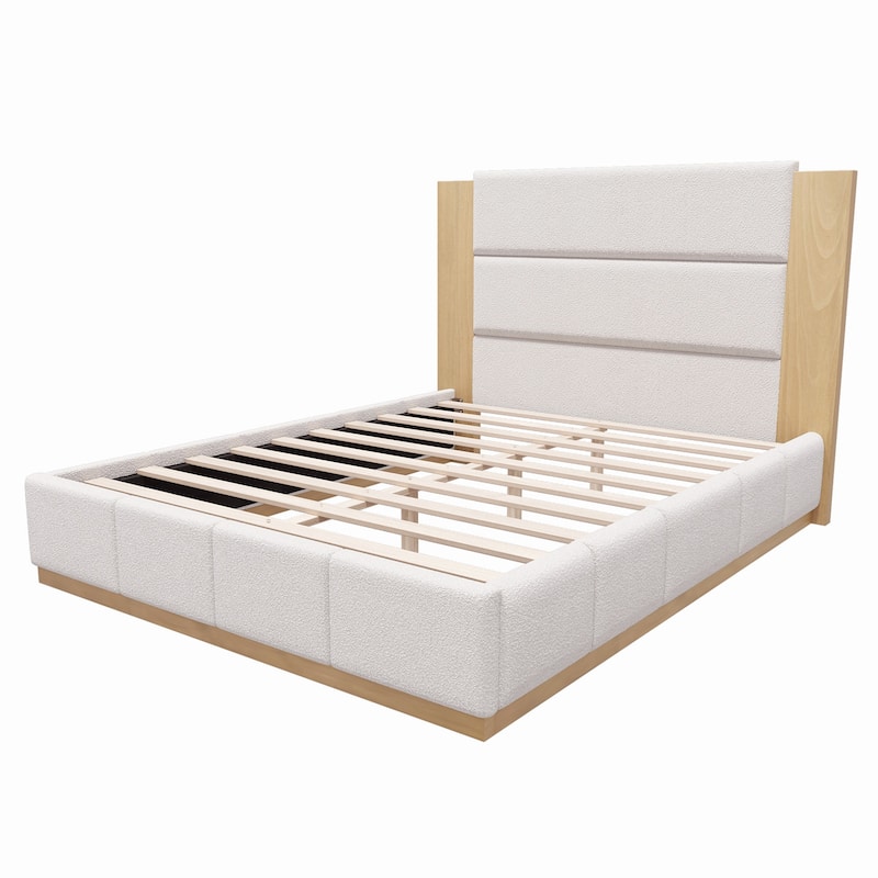 Upholstered Bed Low Profile Platform Bed Modern Wood Base Grounded Bed with Extended Wood Headboard and Upholstered Wingback