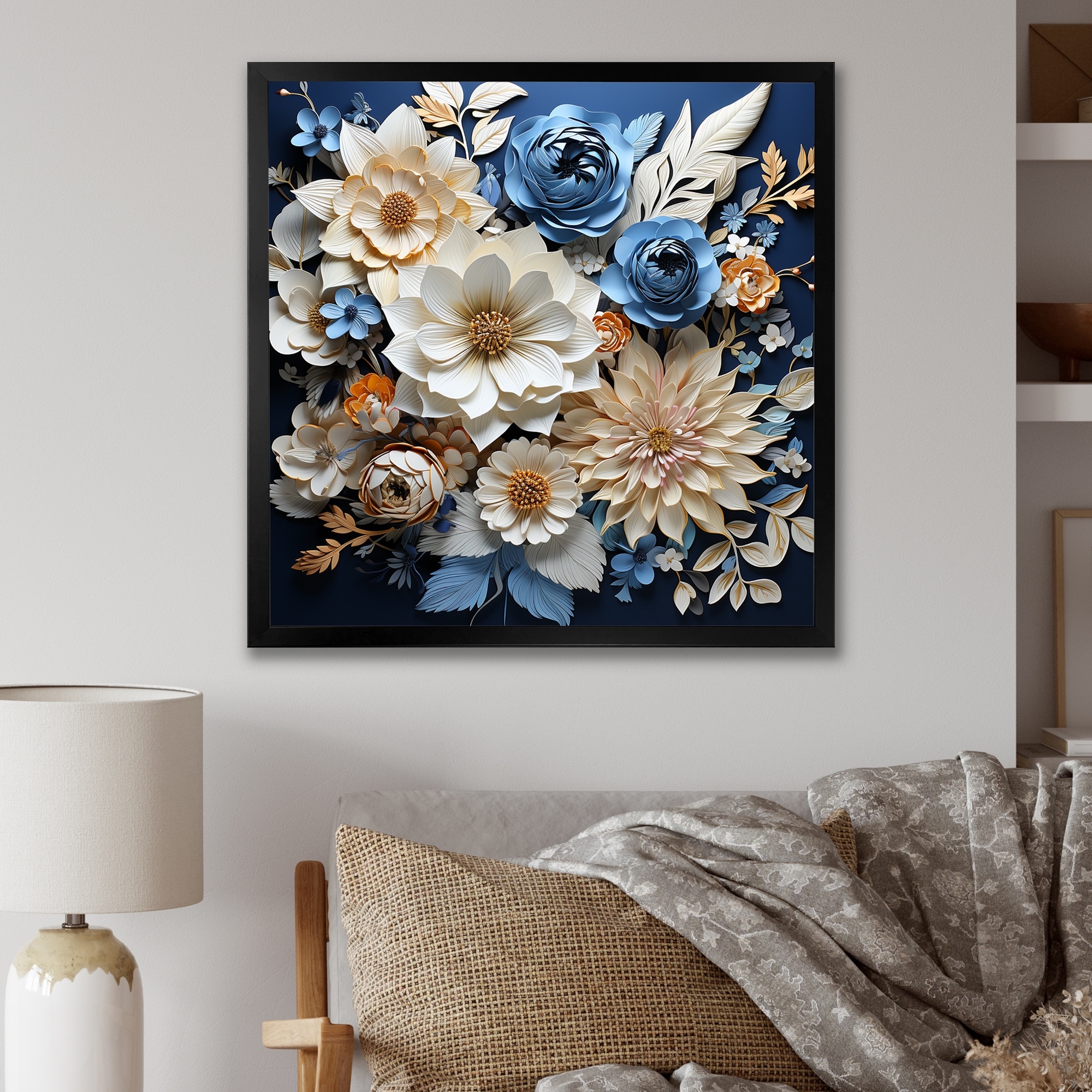 Designart "Blue And White Seasonal Flowers Collage IV" Flowers Framed Canvas Prints