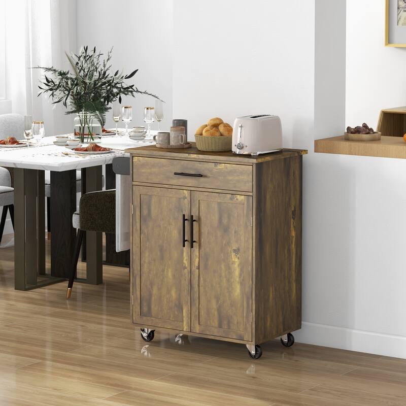 Rustic Brown Wood Kitchen Island Cart with Drawer, Shelf and Wheels - 32.75" W x 17.75" D x 36" H - Rustic Brown