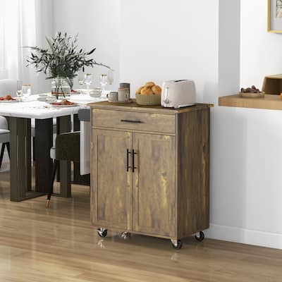 Rustic Brown Wood Kitchen Island Cart with Drawer, Shelf and Wheels - 32.75" W x 17.75" D x 36" H