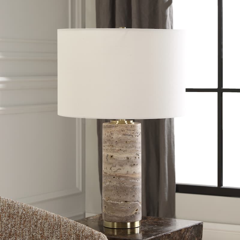 Travertine Table Lamp with Round Shade - 23.25" - Antique Brass