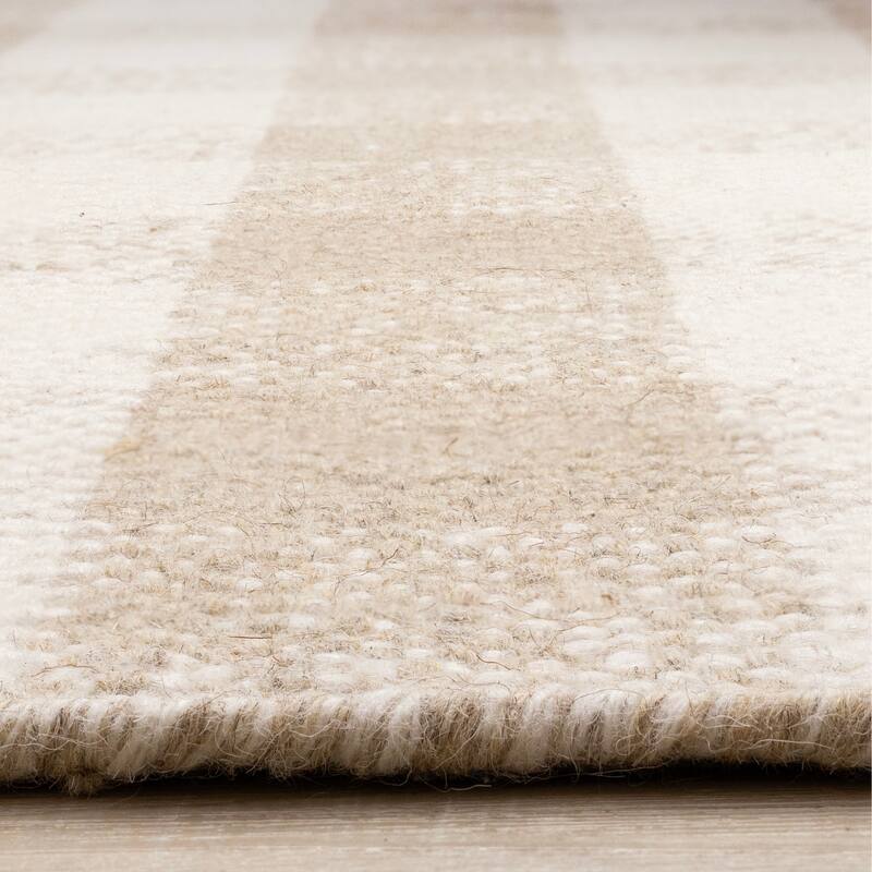 Beige White Plaid Handmade Wool Rug