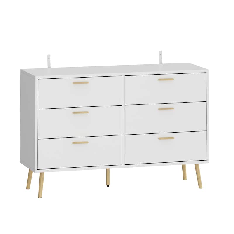 Modern 6-Drawer Dresser with Gold Legs and Handles, 47.2" Wide Mid-Century Bedroom Dresser Chest