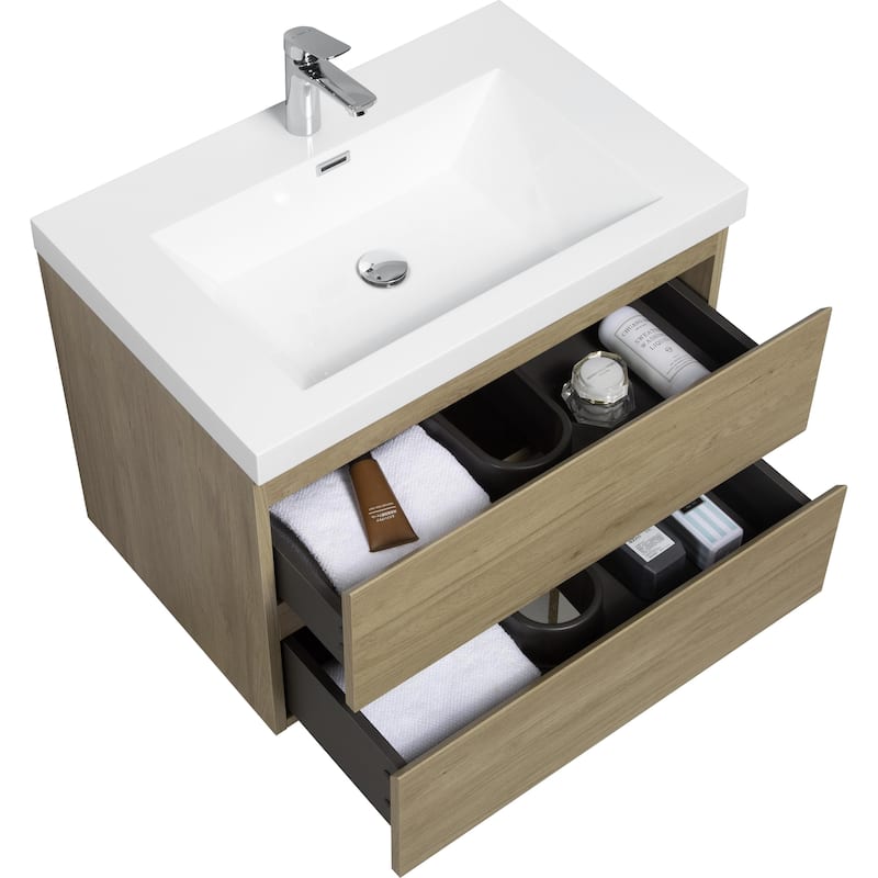 30" Modern Floating Bathroom Vanity with Glossy Resin Sink, Wall-Mounted Bathroom Cabinet with Soft Close Drawers