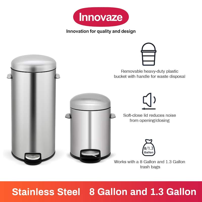 Innovaze 8 Gal./30 Liter and 1.3 Gal./5 Liter Stainless Steel Step-on Trash Can Set for Kitchen and Bathroom