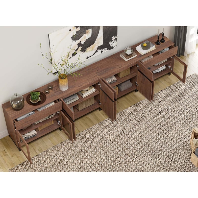 Modern TV Stand for 120" TVs, 4-in-1 Console with Glass Doors & 2 Drawers