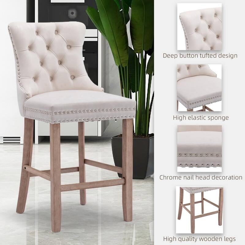 Wing Back Velvet Tufted Nailhead Barstools(Set of 2)